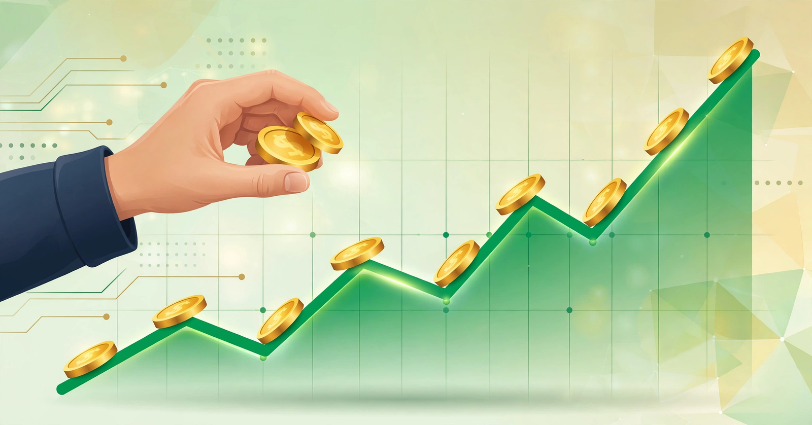 A hand lifting golden coins off a rising crypto chart while the remaining coins keep climbing upward