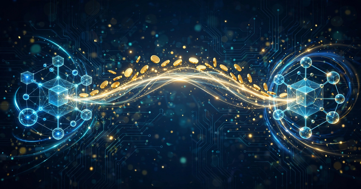 A glowing bridge arching between two blockchain network nodes with streams of golden coins flowing across it on a dark blue tech background