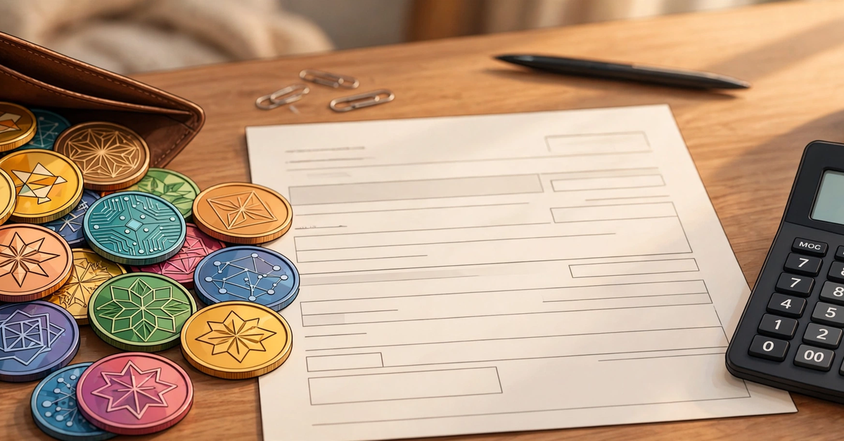 Crypto salary tokens on desk with calculator.