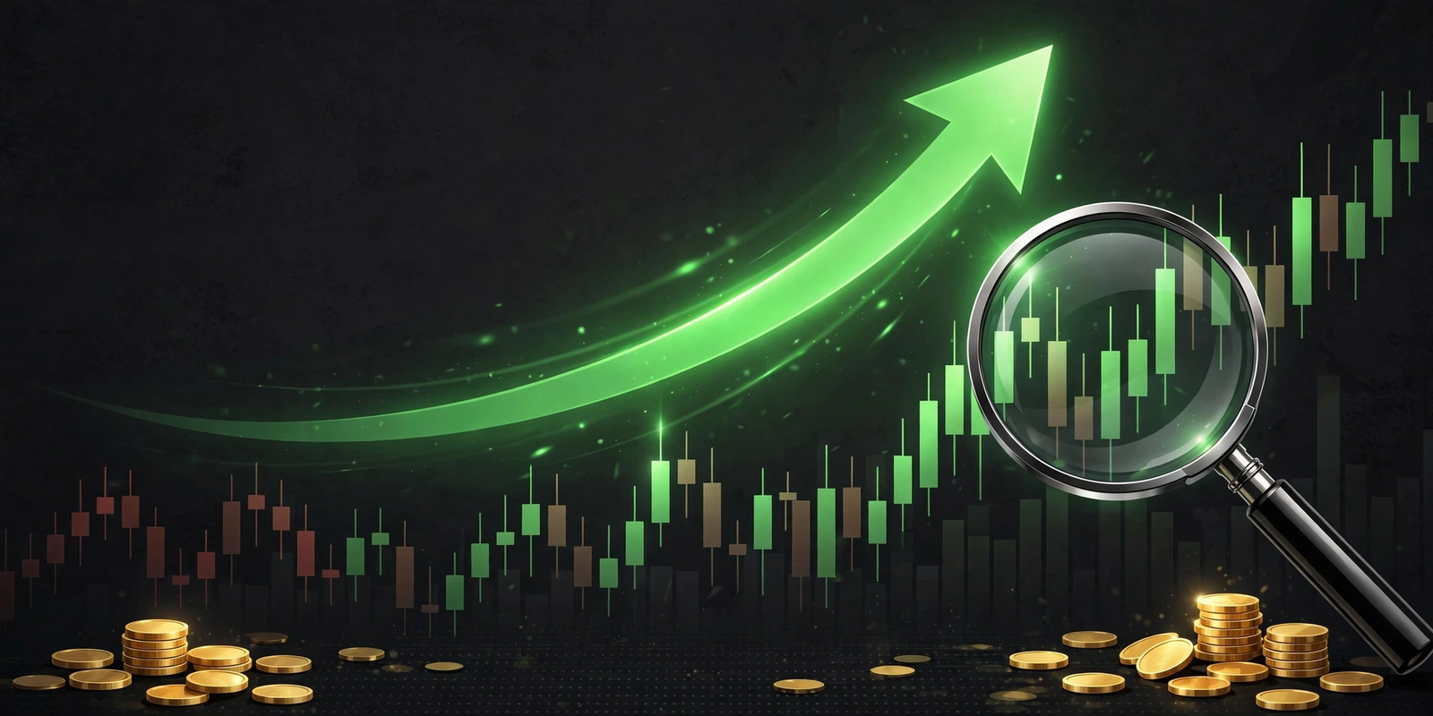 Illustration of a rising profit chart with gold coins and a magnifier analyzing crypto gains