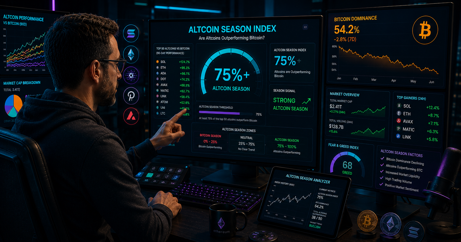 Altcoin Season Index chart showing altcoin outperformance against Bitcoin across the top 50 cryptocurrencies over 90 days