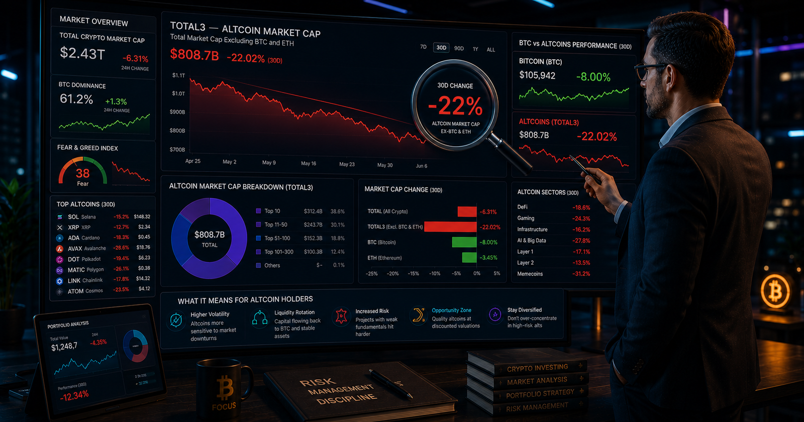 Chart showing crypto market cap excluding BTC and ETH declining 22% in 2026