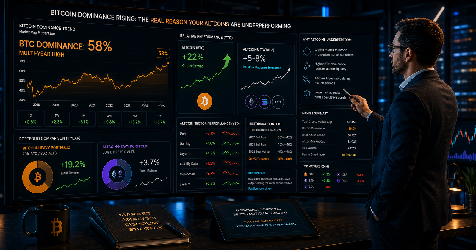 Chart showing Bitcoin dominance rising while altcoin portfolio performance lags behind