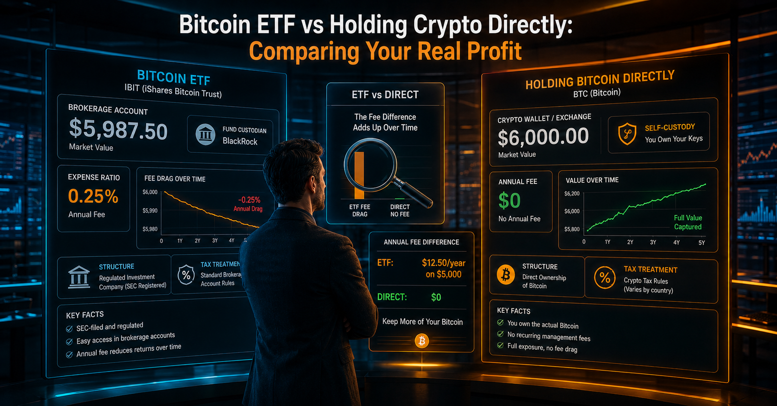 Comparison chart of profit from a Bitcoin ETF vs holding crypto directly, including fees and expense ratios