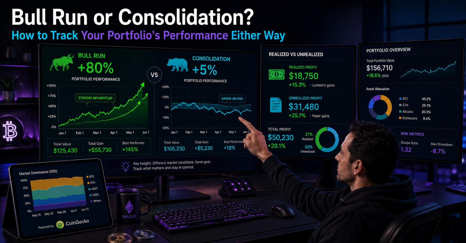 Crypto trader tracking portfolio performance during bull run and consolidation market phases