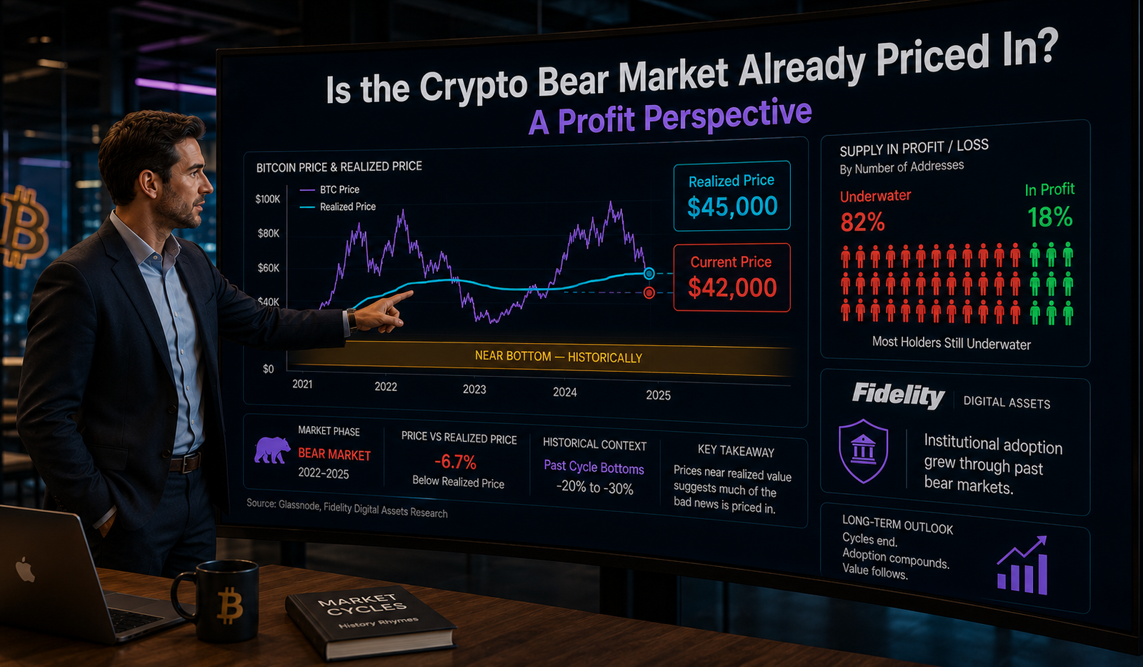 Investor analyzing a crypto price chart to assess whether the bear market is already priced in