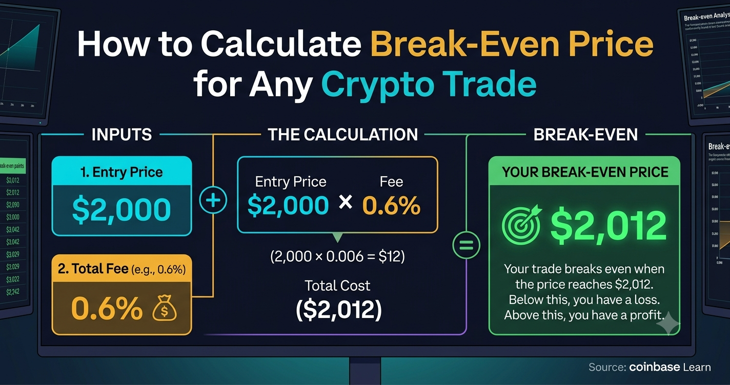 Illustration showing how to calculate break-even price for a crypto trade with fees adjusting the entry price on a dark chart background