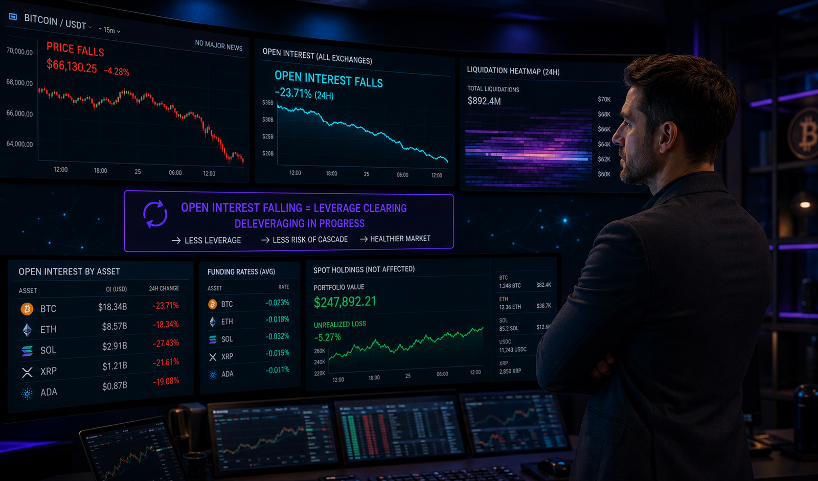 Chart showing deleveraging in crypto markets as open interest falls during a price move