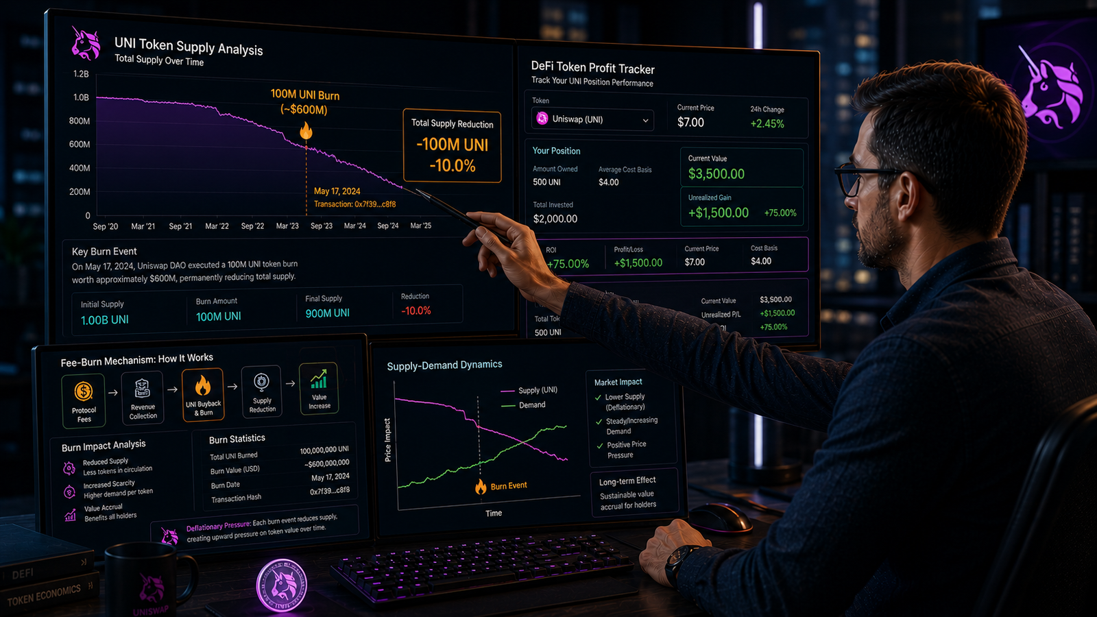 Illustration showing how fee-burn mechanisms like UNI's affect value and DeFi token profit tracking