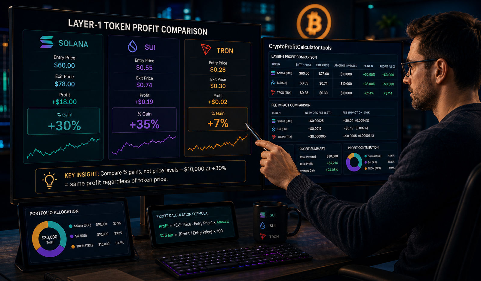 Comparison chart showing how to calculate profit on layer-1 tokens Solana, Sui, and TRON
