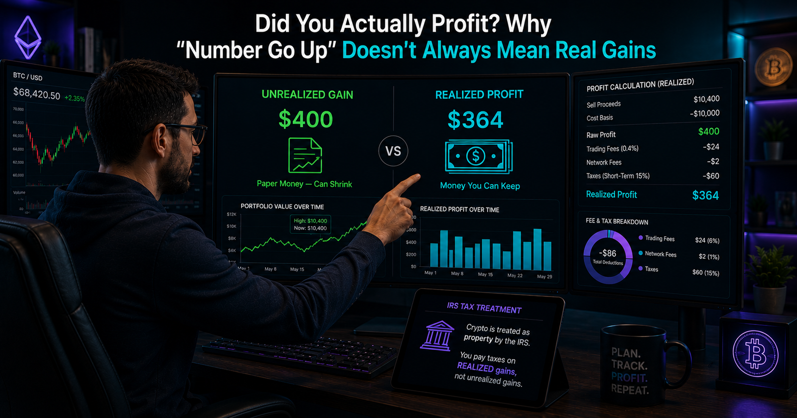 Chart illustrating realized vs unrealized crypto profit, showing a green balance line next to a smaller net take-home amount after fees and taxes
