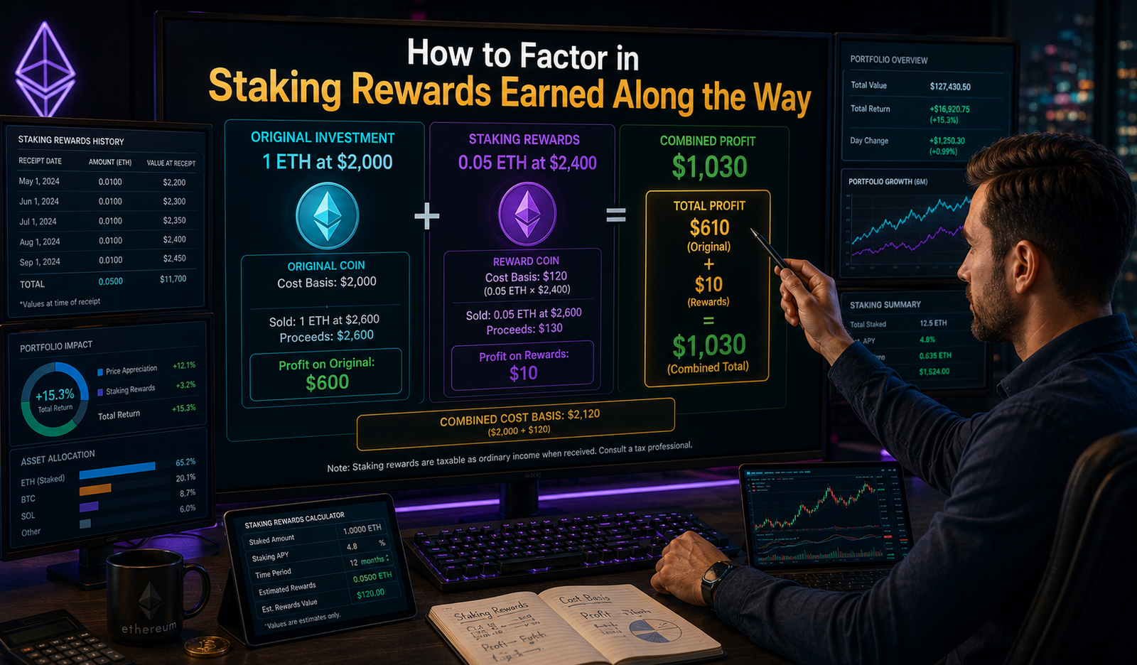Diagram showing a staking rewards profit calculation combining original coin gains with reward cost basis