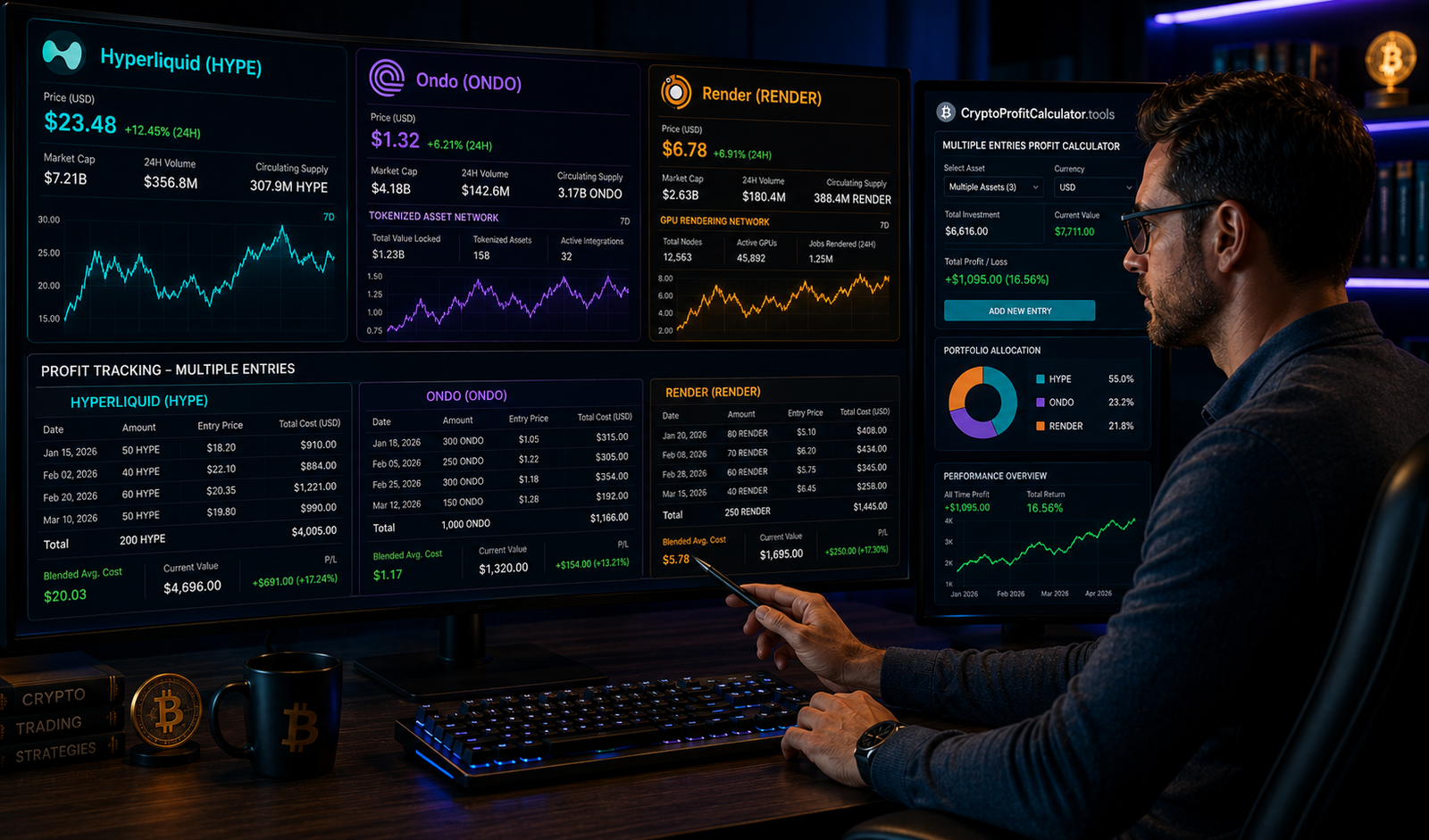 Chart illustrating how to track profit on 2026's trending altcoins Hyperliquid, Ondo, and Render
