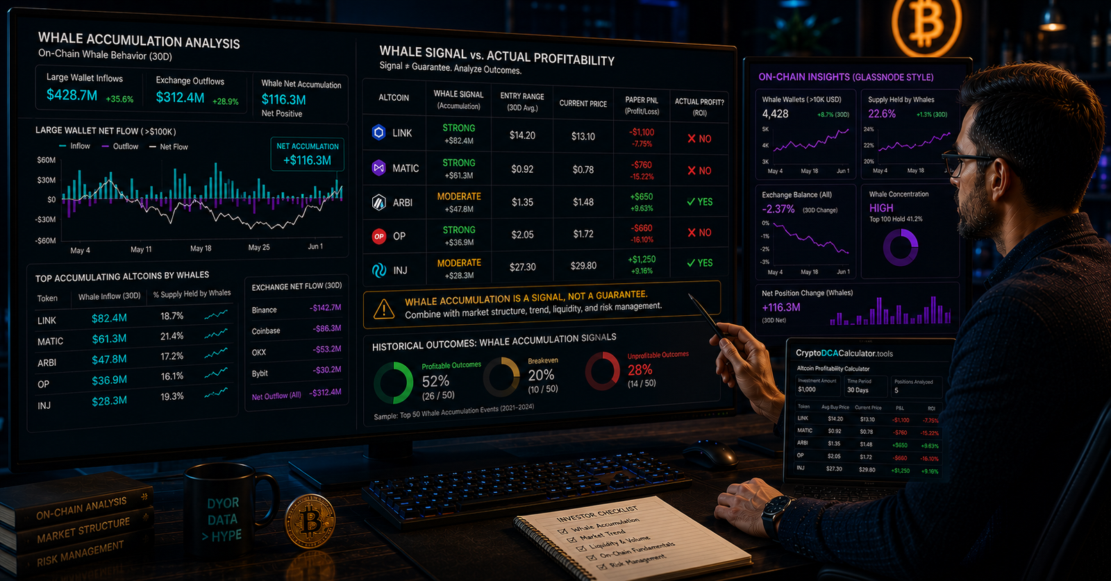 Whale accumulation signals chart showing on-chain exchange outflows and altcoin profitability analysis