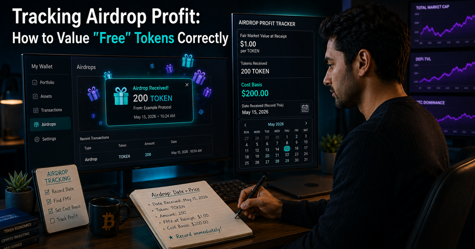 Guide showing how to track airdrop profit and calculate cost basis for free crypto tokens